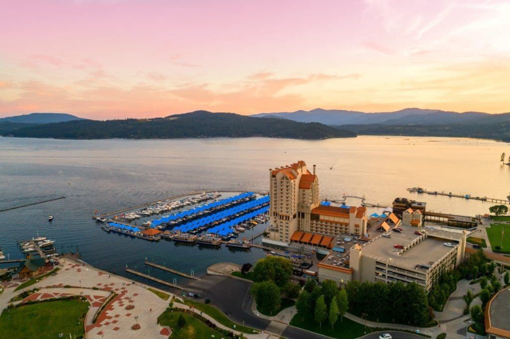 C'oeur d'Alene Resort aerial view of the resort at sunset