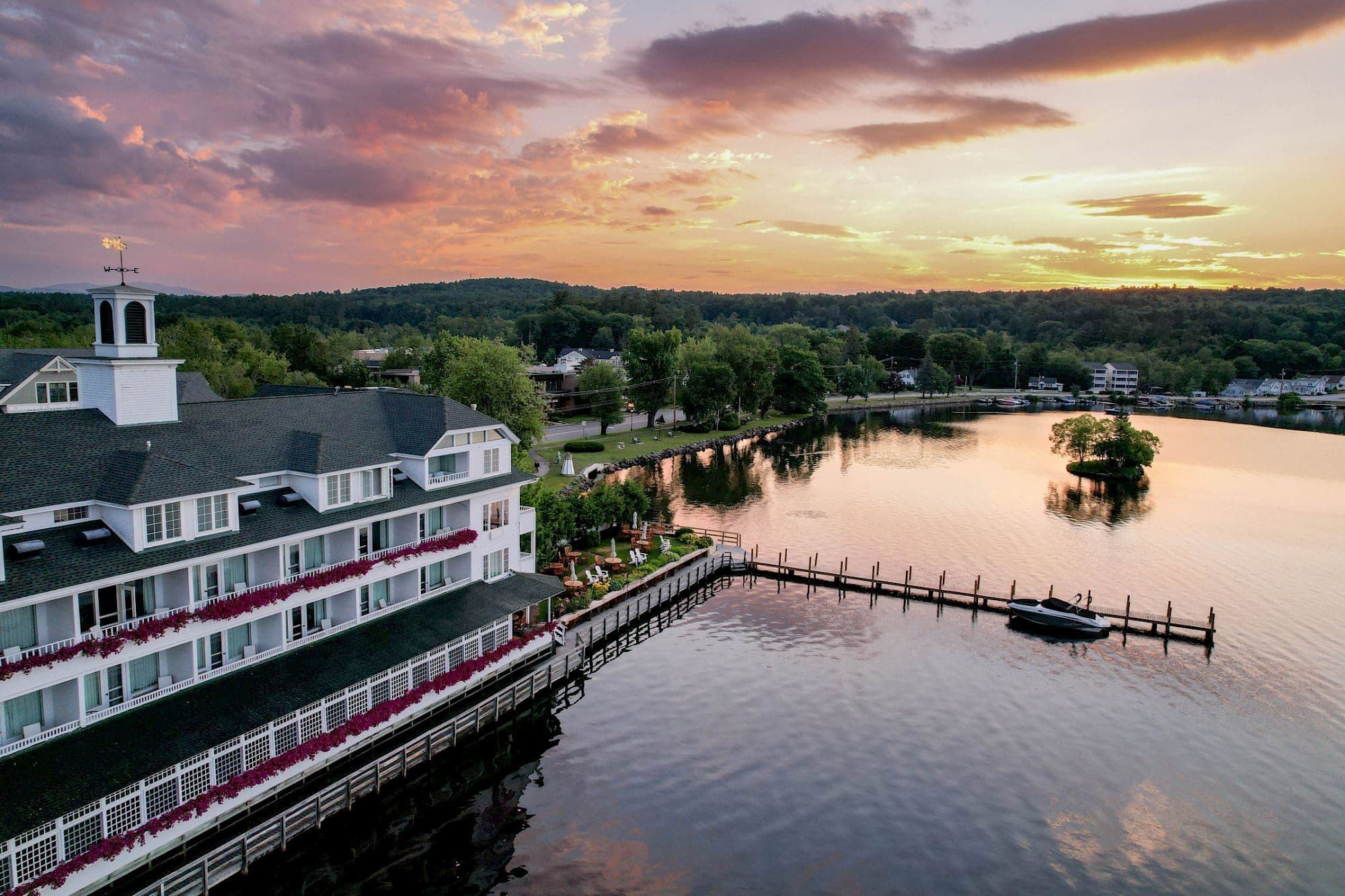 Mill Falls at the Lake aerial view overlooking the dock at sunset