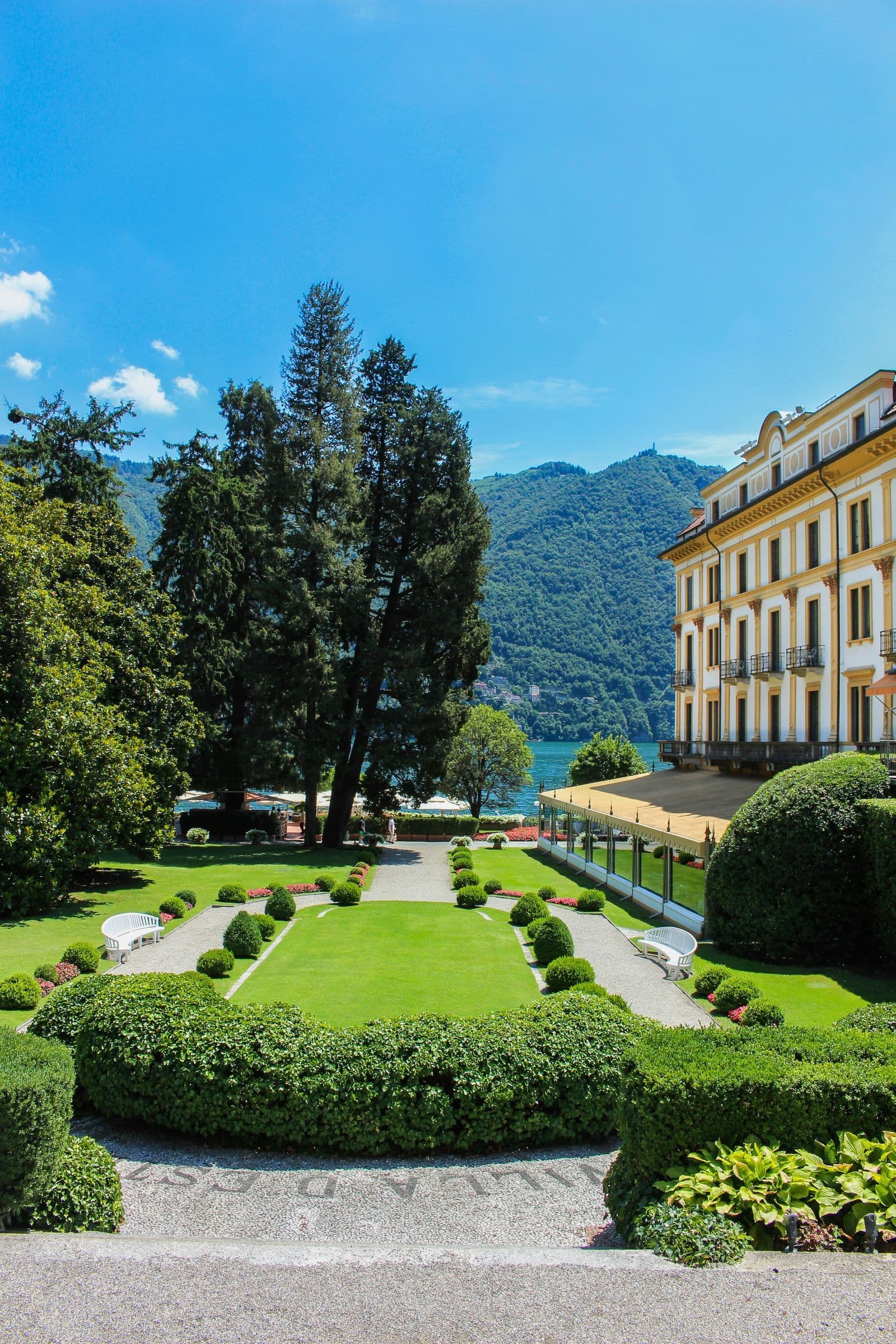 Villa D'Este gardens with view of Lake Como