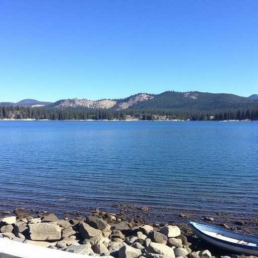 Big Bear Lake Rocky Shoreline with canoe along the water and mountains in the distance