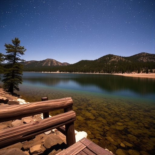 Big Bear Lake Shoreline with wooden deck looking over at beach and mountain view at night. Stars shining bright