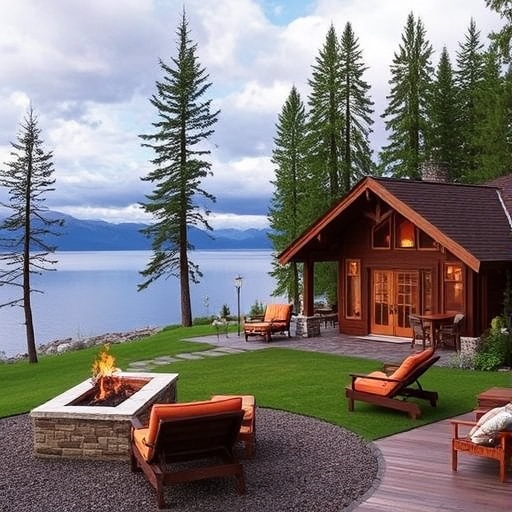 Flathead Lake Lodge with fire pit and cabin next to the lake