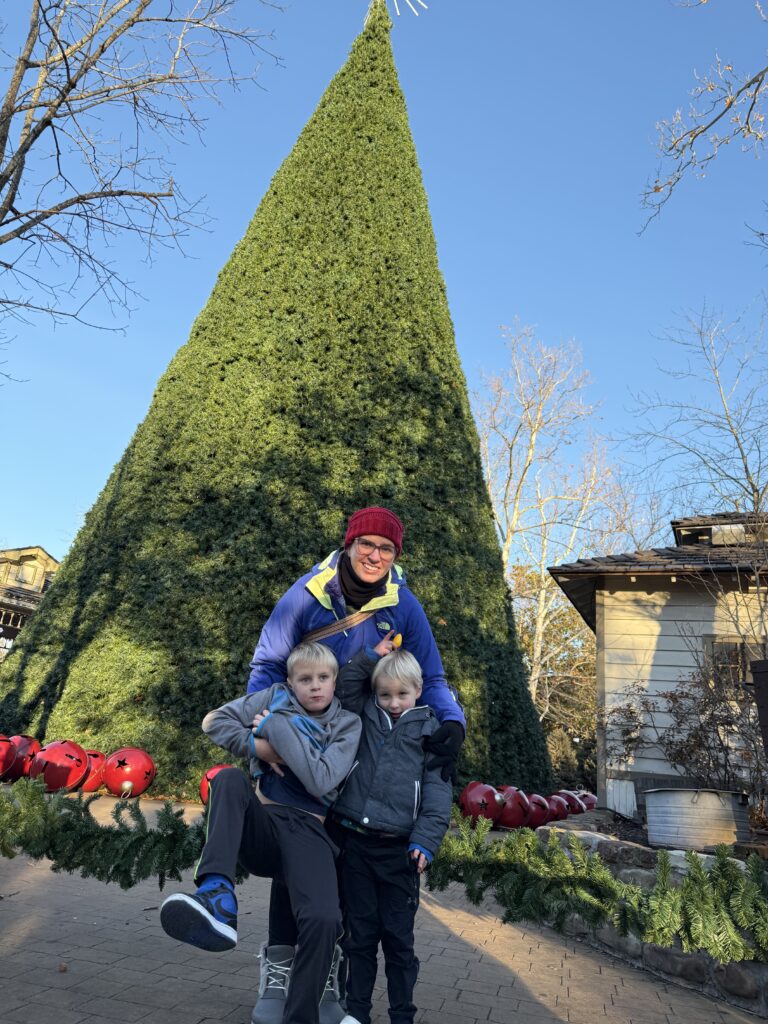 Mom and two boys in front of the Silver Dollar City Christmas tree