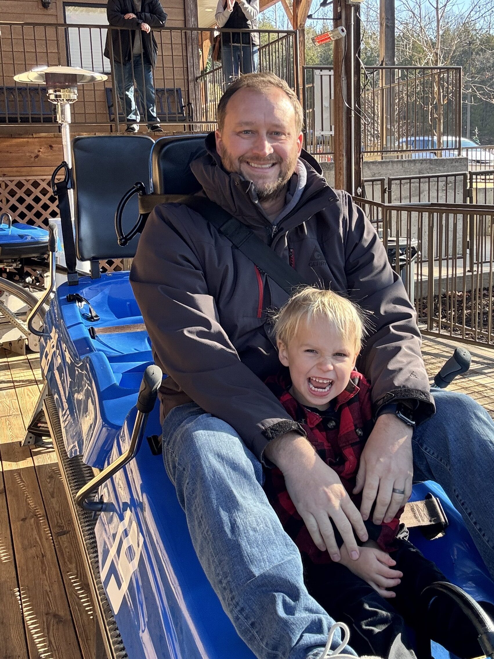 Dad and son in the Branson Mountain Coaster