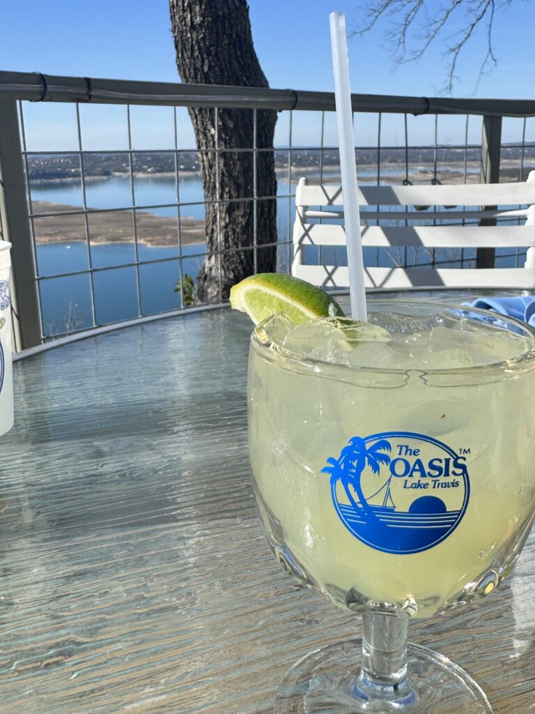 Margarita on the table overlooking Lake Travis from The Oasis Restaurant Lake Travis