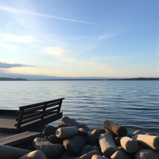 Lake Champlain with bench and logs along shoreline