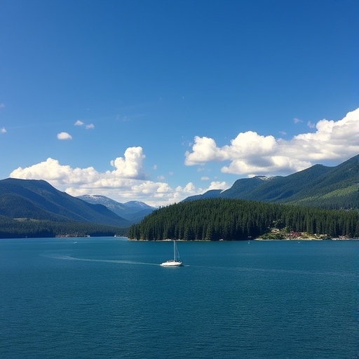 Lake George with white boat and Mountains in the Distance