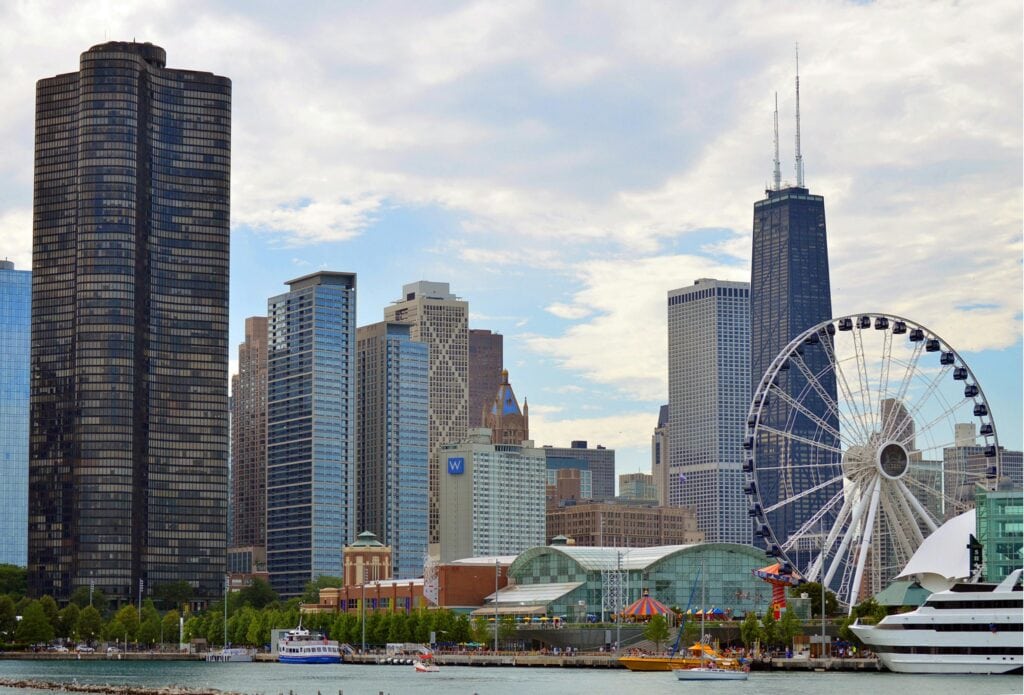 Chicago shoreline from lake Michigan with a Ferris Wheel and skyscrapers in the background