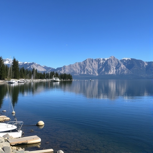 Lake Tahoe with shore with Boats at dock and mountains in the background