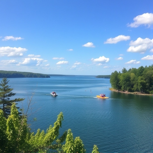 Aerial view of the lake with two speed boats going along in the water