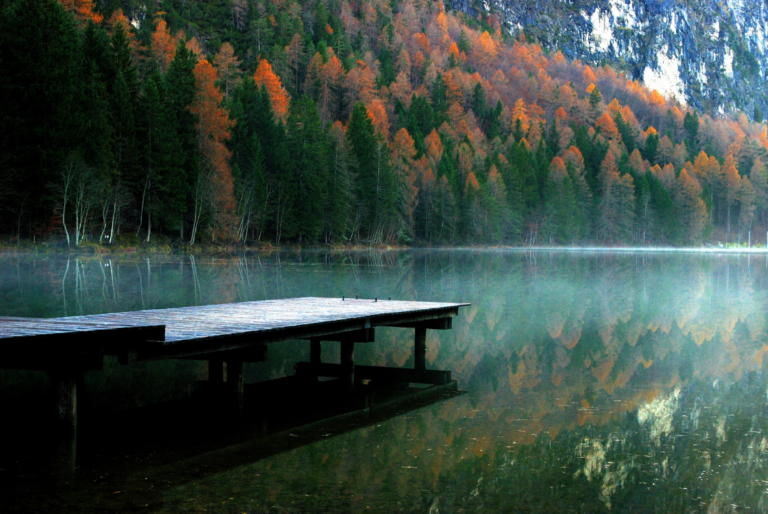 Lake With Seasonal Color Changes and Snowy mountain in background