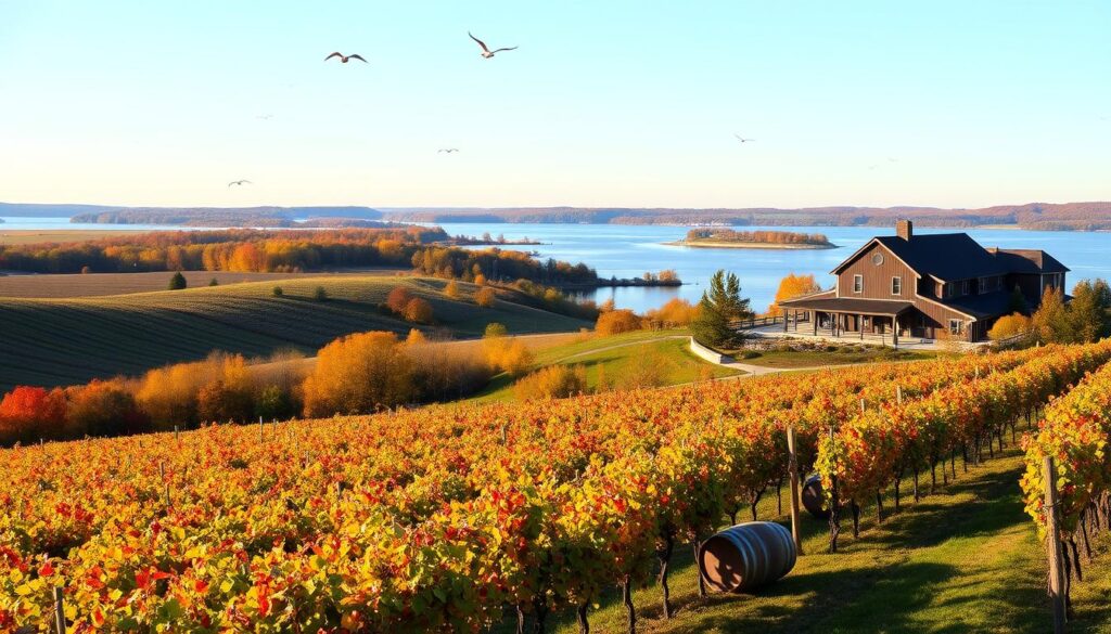 Scenic view of Lake Erie vineyards, rolling hills covered in grapevines, vibrant autumn colors, wine barrels scattered throughout, a tranquil lakeshore in the background, soft sunlight casting warm hues, a picturesque winery building with a rustic charm, birds flying above, reflecting calm waters of the lake.