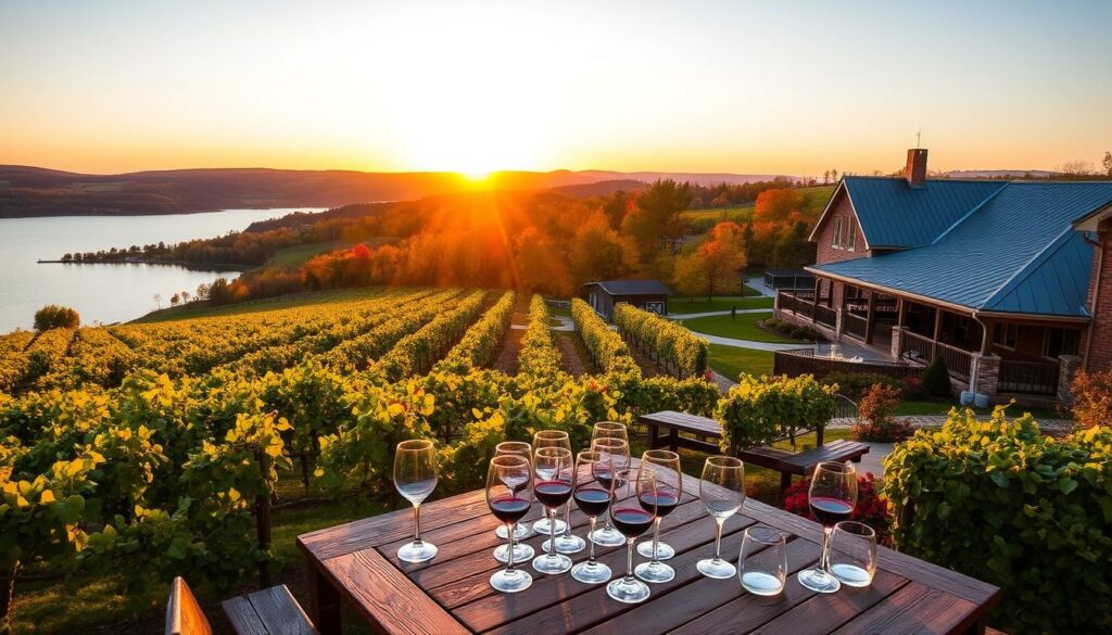 Scenic lakeside wineries along Lake Erie, lush vineyards with ripe grapes, rolling hills, sunset casting golden light over the water, rustic winery buildings with inviting porches, clusters of wine glasses on wooden tables, vibrant autumn foliage reflecting in the lake, peaceful atmosphere