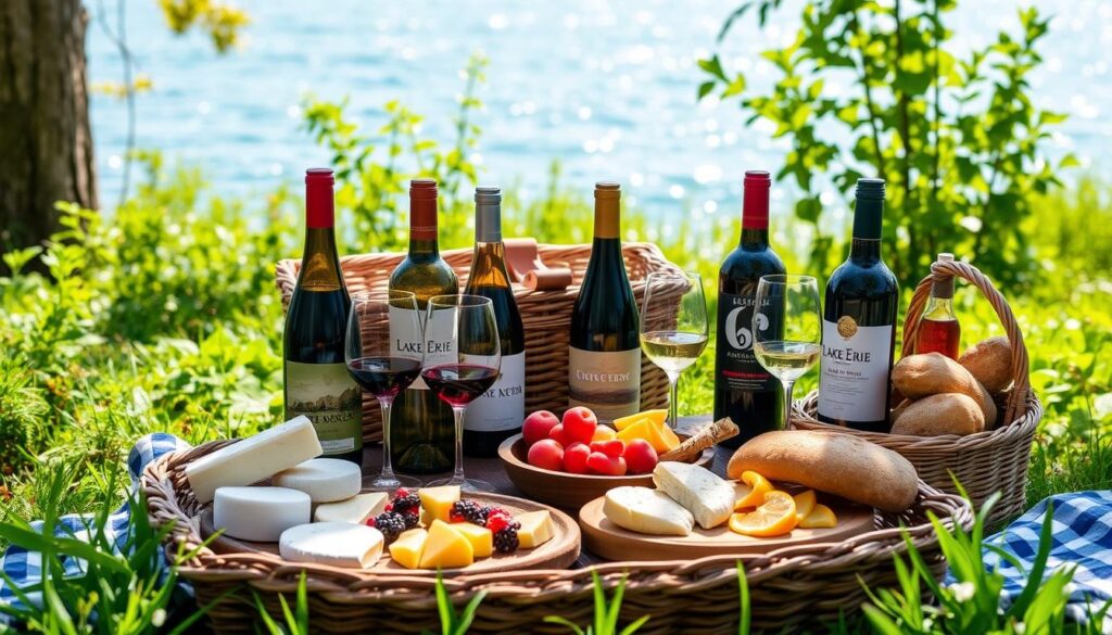 A vibrant lakeside picnic setup featuring a variety of local Lake Erie wines, paired artfully with gourmet cheeses, fresh fruits, and artisanal bread, surrounded by lush greenery and the sparkling blue waters of the lake in the background, capturing a joyful and inviting atmosphere.