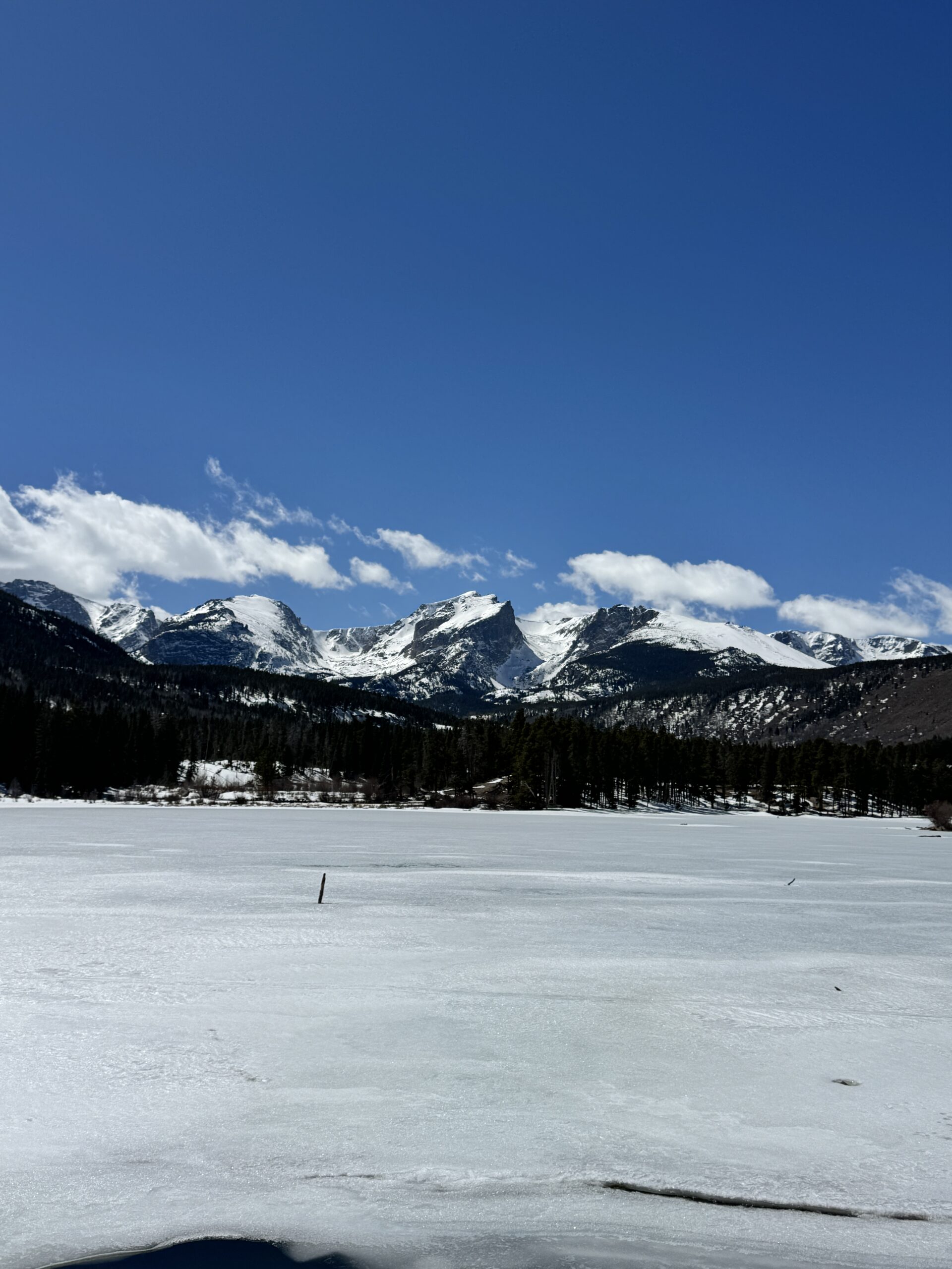 Bear Lake Colorado frozen over with Mountain views in the background