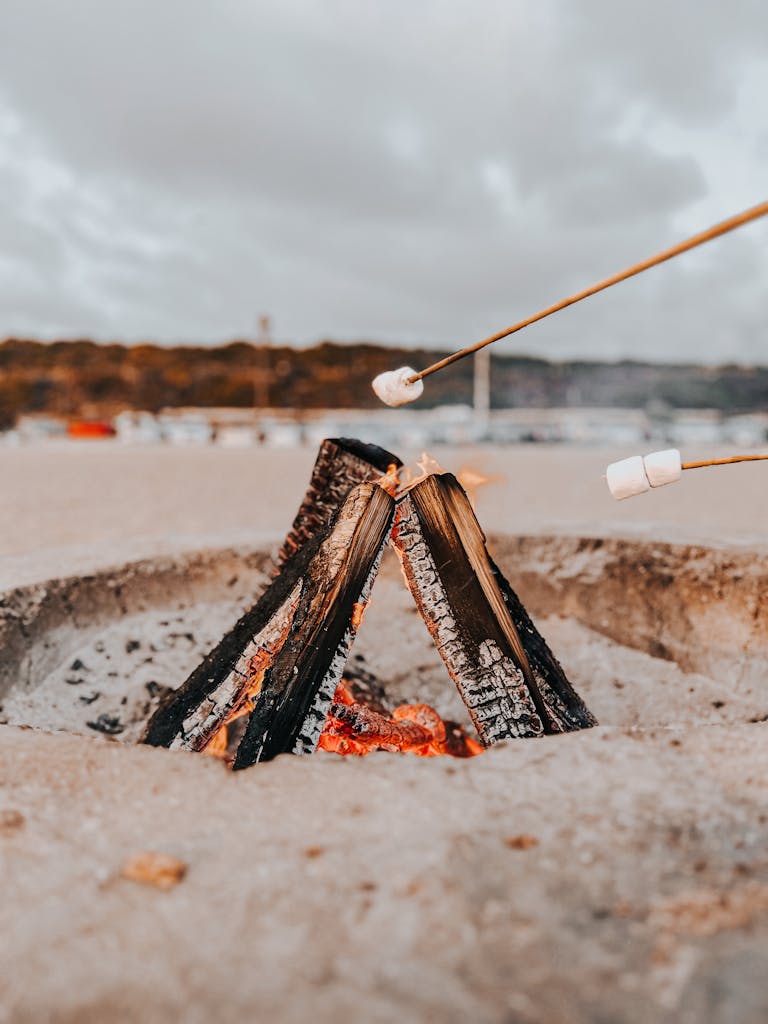 A serene beach bonfire scene with marshmallows roasting over the flames, creating a perfect setting for a summer evening.