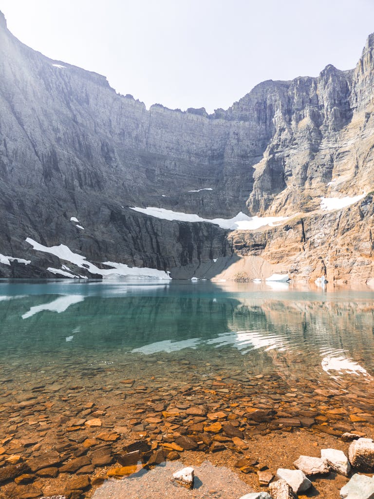 Breathtaking view of a serene mountain lake with rocky cliffs and clear water in Montana, USA.