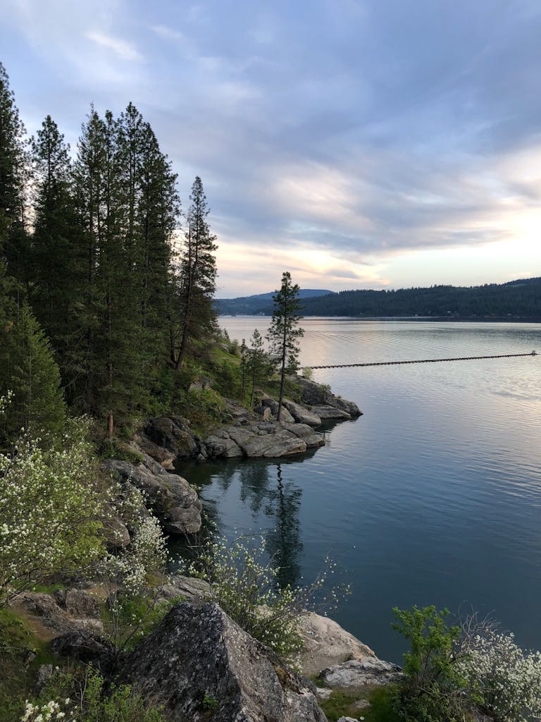 Peaceful sunset over Coeur d'Alene Lake with trees, rocks, and calm water reflections.