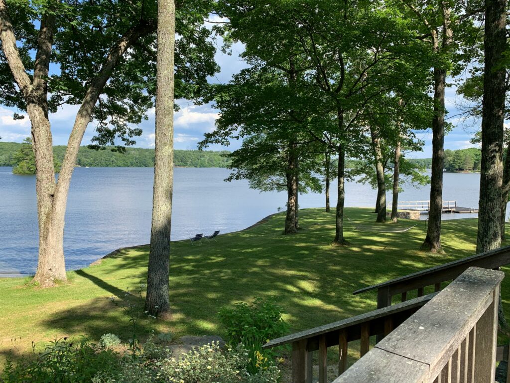 Lake View from the shoreline with a dock in the distance