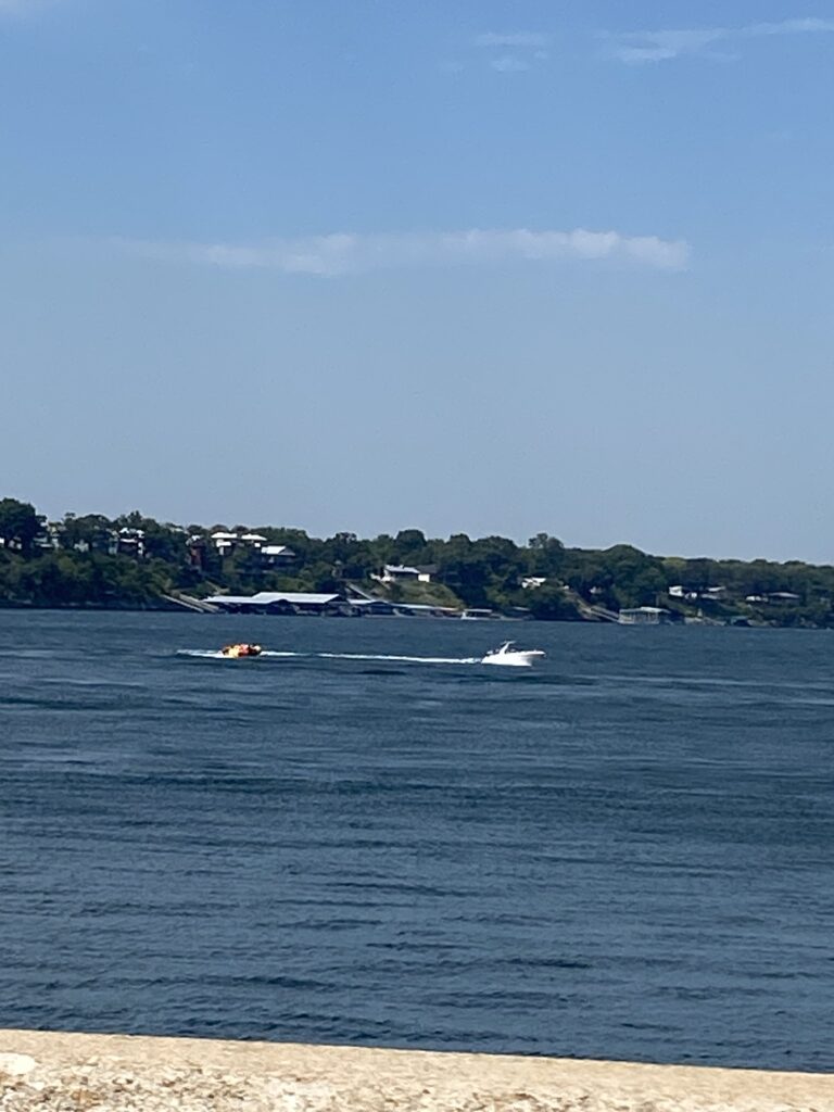 Lake View at Grand Lake, Oklahoma with boats in the distance