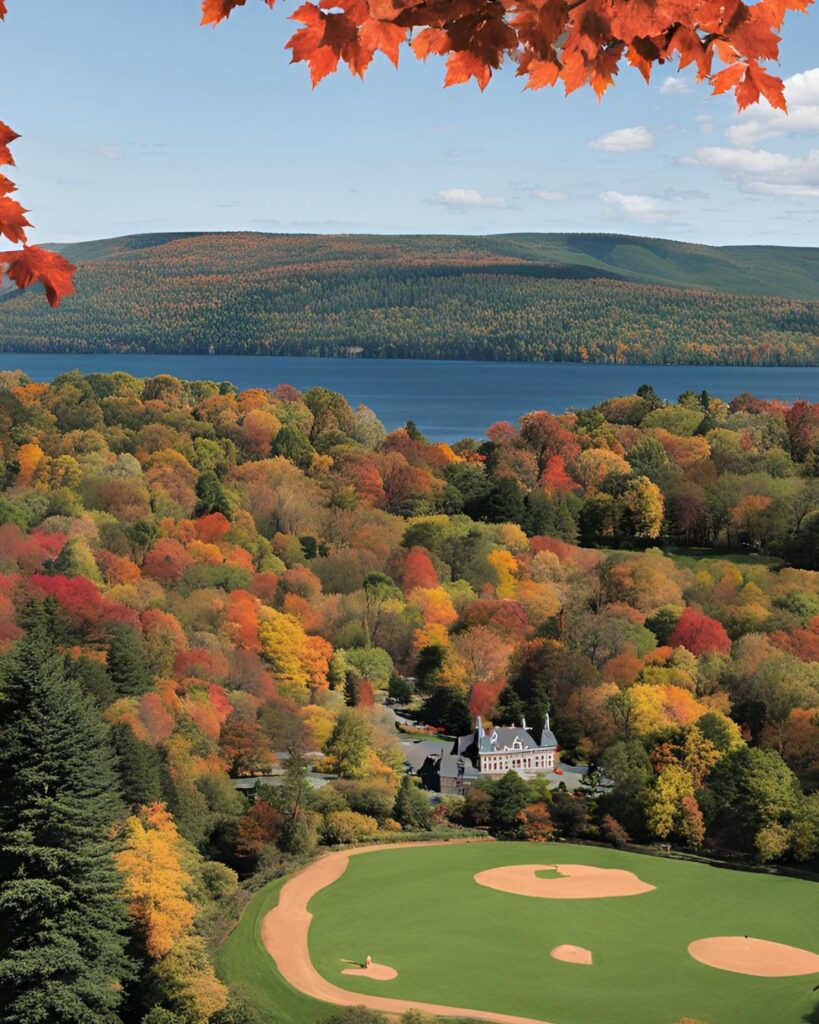 Lake along Cooperstown with fall colored leaves and a baseball field in the foreground