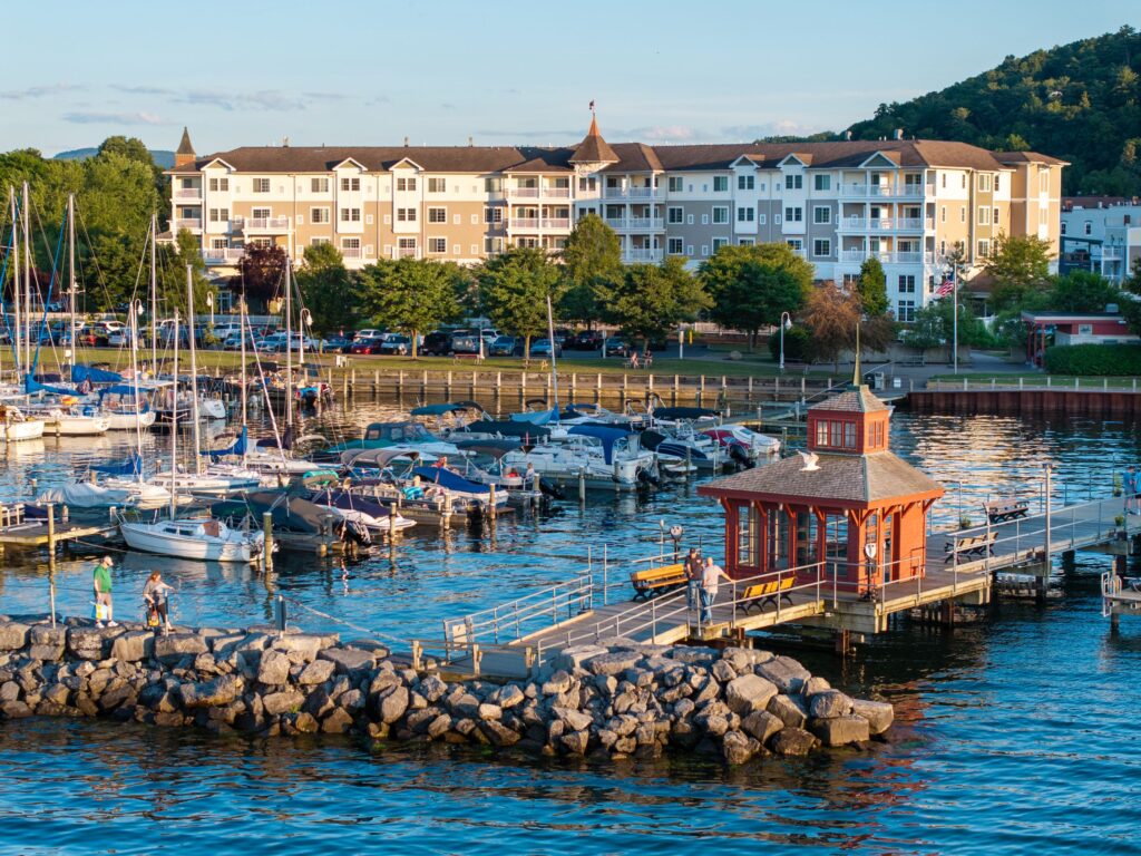 Aerial and harbor view from Watkins Glen Harbor Hotel Exterior