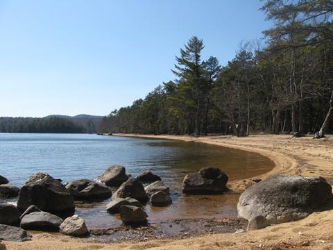 Sebago State Park Shoreline with beach and large boulders