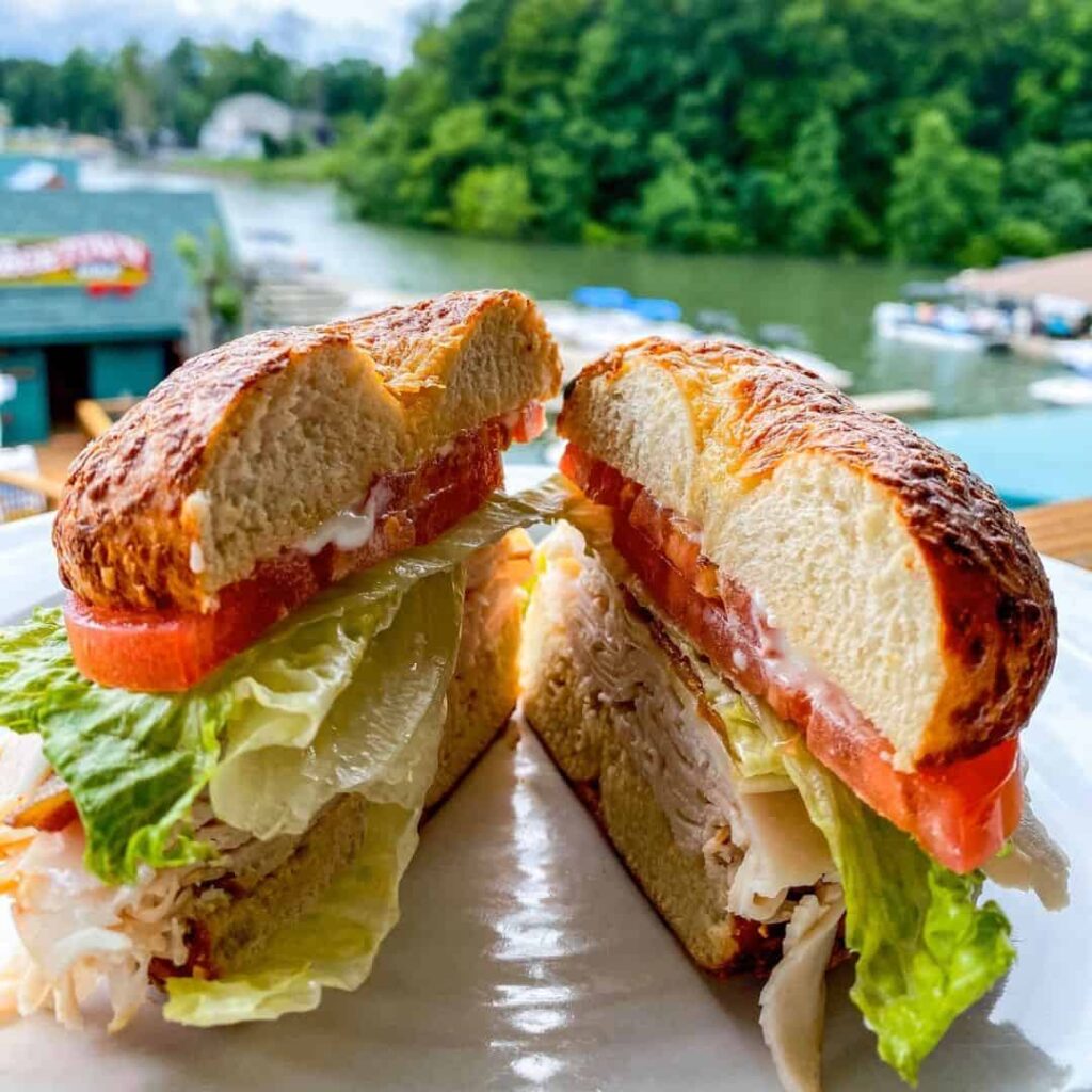 Sandwich cut in half overlooking the lake