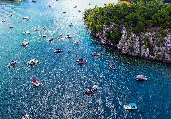 Boats in front of Chimney Rock