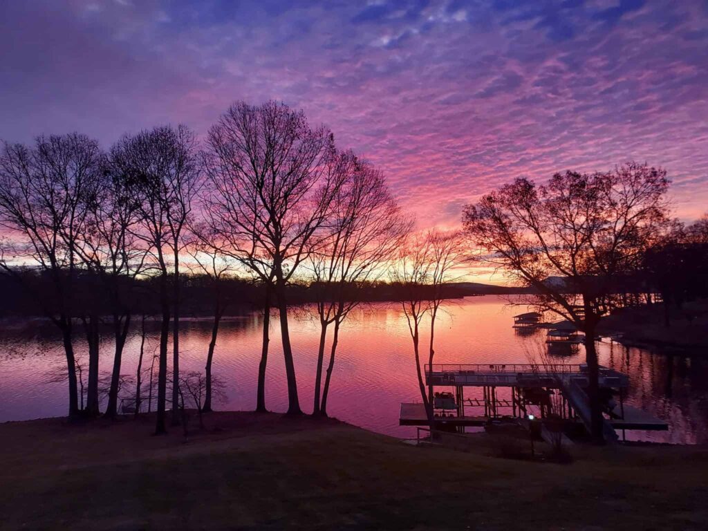 Smith Mountain Lake with beautiful Purple, pink and yellow sunset