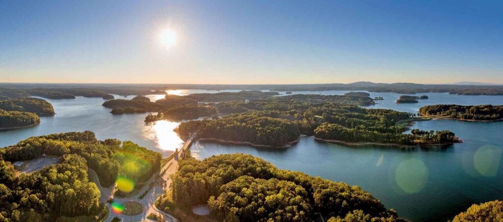 Aerial of Lake Lanier Resort at sunset